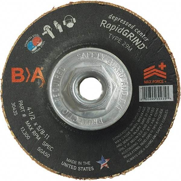 BULLARD - 50 Grit, 4-1/2" Wheel Diam, 1/8" Wheel Thickness, Type 29 Depressed Center Wheel - Coarse Grade, Ceramic, 13,300 Max RPM, Compatible with Angle Grinder - USA Tool & Supply