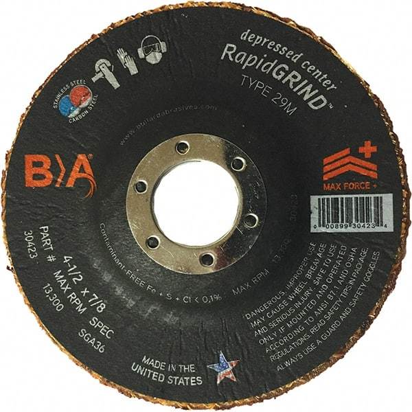 BULLARD - 36 Grit, 4-1/2" Wheel Diam, 1/8" Wheel Thickness, 7/8" Arbor Hole, Type 29 Depressed Center Wheel - Coarse/Extra Coarse Grade, Ceramic, 13,300 Max RPM, Compatible with Angle Grinder - USA Tool & Supply