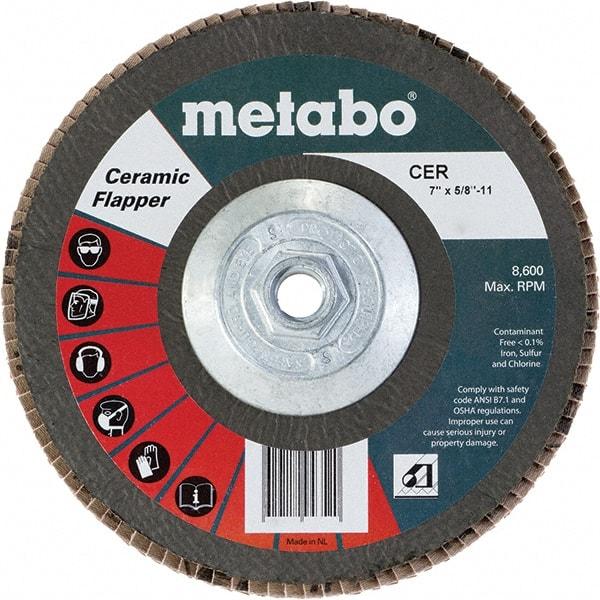 Metabo - 40 Grit, 7" Disc Diam, 5/8-11 Center Hole, Type 29 Ceramic Flap Disc - 8,600 Max RPM, Fiberglass Backing, Arbor Attaching System, Coated - USA Tool & Supply