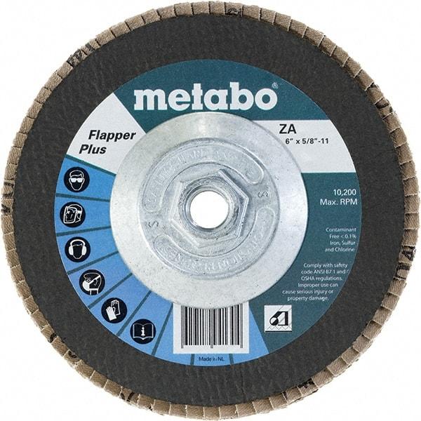 Metabo - 80 Grit, 6" Disc Diam, 5/8-11 Center Hole, Type 29 Zirconia Alumina Flap Disc - 10,200 Max RPM, Fiberglass Backing, Arbor Attaching System, Coated - USA Tool & Supply