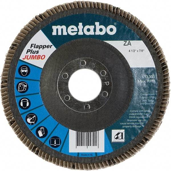 Metabo - 120 Grit, 4-1/2" Disc Diam, 7/8" Center Hole, Type 29 Zirconia Alumina Flap Disc - 13,300 Max RPM, Fiberglass Backing, Arbor Attaching System, Coated - USA Tool & Supply