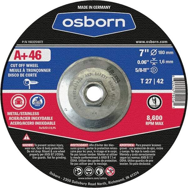 Osborn - 7" 46 Grit Aluminum Oxide Cutoff Wheel - 0.06" Thick, 5/8-11 Arbor, Use with Angle Grinders - USA Tool & Supply
