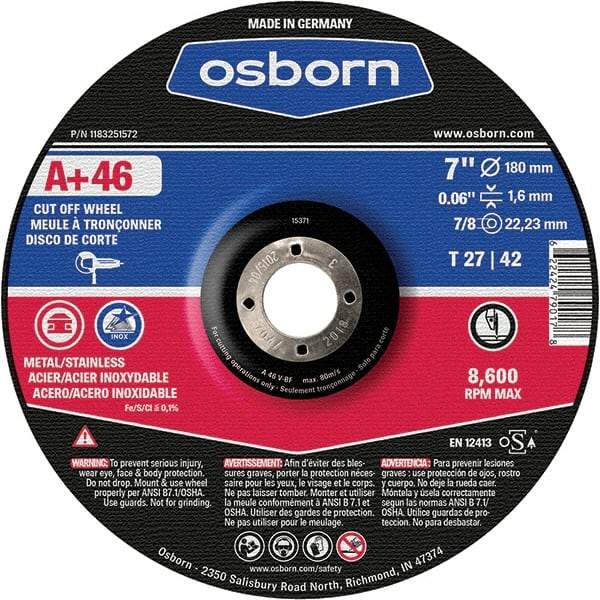 Osborn - 7" 46 Grit Aluminum Oxide Cutoff Wheel - 0.06" Thick, 7/8" Arbor, Use with Angle Grinders - USA Tool & Supply