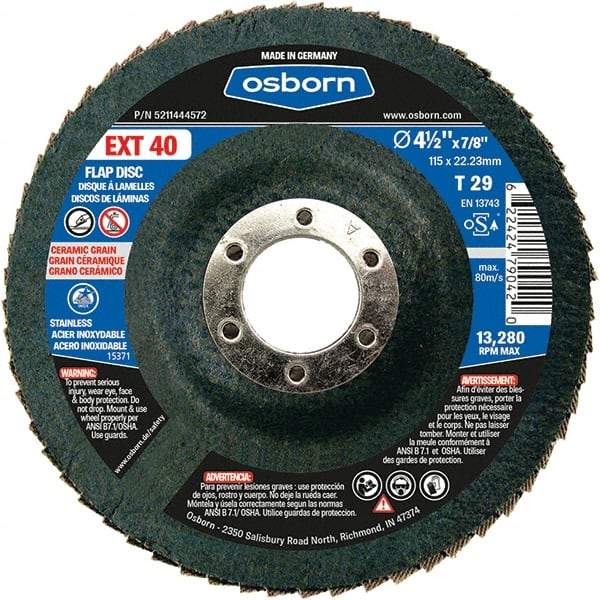 Osborn - 40 Grit, 4-1/2" Disc Diam, 7/8" Center Hole, Type 29 Ceramic Flap Disc - 13,280 Max RPM, Fiberglass Backing, Arbor Attaching System, Coated - USA Tool & Supply