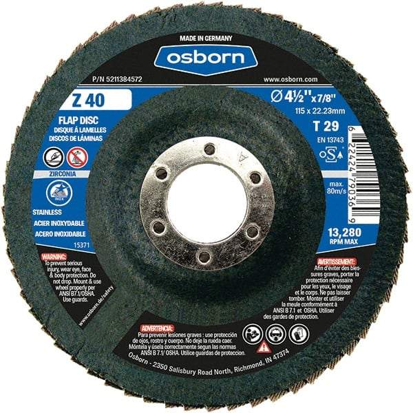 Osborn - 40 Grit, 4-1/2" Disc Diam, 7/8" Center Hole, Type 29 Zirconia Alumina Flap Disc - 13,280 Max RPM, Fiberglass Backing, Arbor Attaching System, Coated - USA Tool & Supply