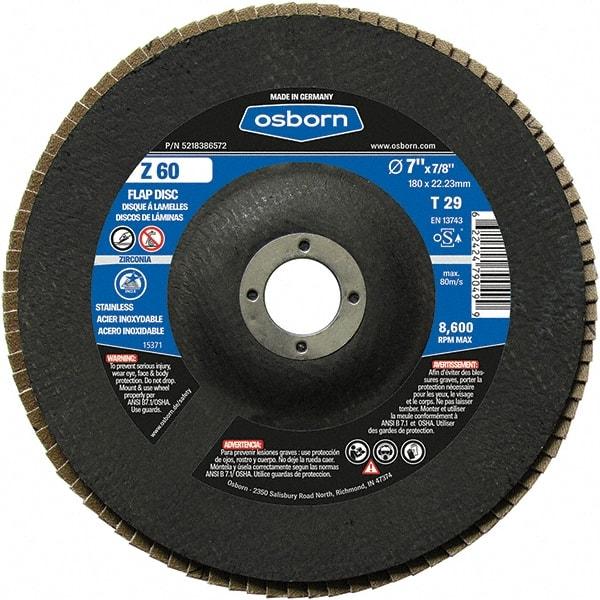 Osborn - 60 Grit, 7" Disc Diam, 7/8" Center Hole, Type 29 Zirconia Alumina Flap Disc - 8,600 Max RPM, Fiberglass Backing, Arbor Attaching System, Coated - USA Tool & Supply