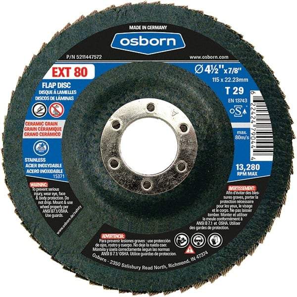 Osborn - 80 Grit, 4-1/2" Disc Diam, 7/8" Center Hole, Type 29 Ceramic Flap Disc - 13,280 Max RPM, Fiberglass Backing, Arbor Attaching System, Coated - USA Tool & Supply