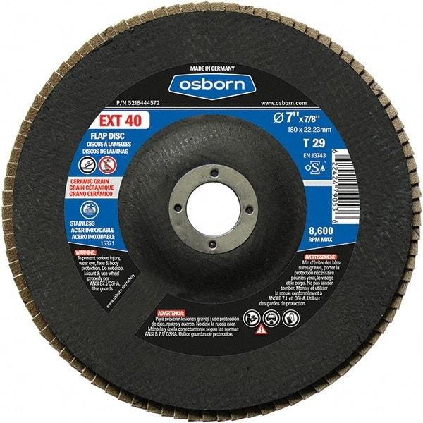 Osborn - 40 Grit, 7" Disc Diam, 7/8" Center Hole, Type 29 Ceramic Flap Disc - 8,600 Max RPM, Fiberglass Backing, Arbor Attaching System, Coated - USA Tool & Supply
