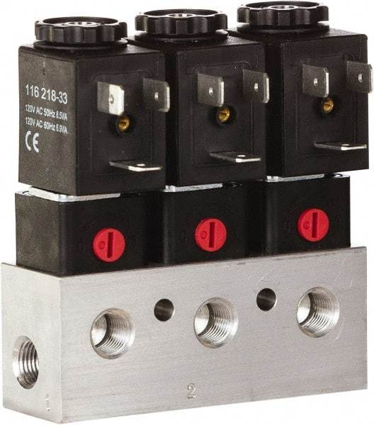 ARO/Ingersoll-Rand - 1/8", CAT Series 3-Way 2-Position Bar Manifold Stacking Solenoid Valve - 24 VDC, 0.062 CV Rate, 3.275" High x 4" Long - USA Tool & Supply