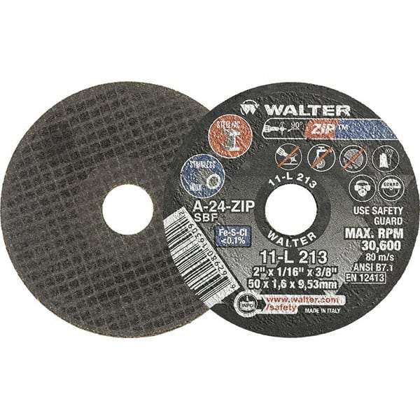 WALTER Surface Technologies - 2" 24 Grit Aluminum Oxide Cutoff Wheel - 1/16" Thick, 3/8" Arbor, 31,000 Max RPM, Use with Die Grinders - USA Tool & Supply