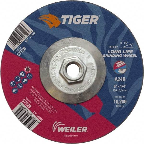 Weiler - 24 Grit, 6" Wheel Diam, Type 27 Depressed Center Wheel - Medium Grade, Aluminum Oxide, R Hardness, 10,200 Max RPM - USA Tool & Supply