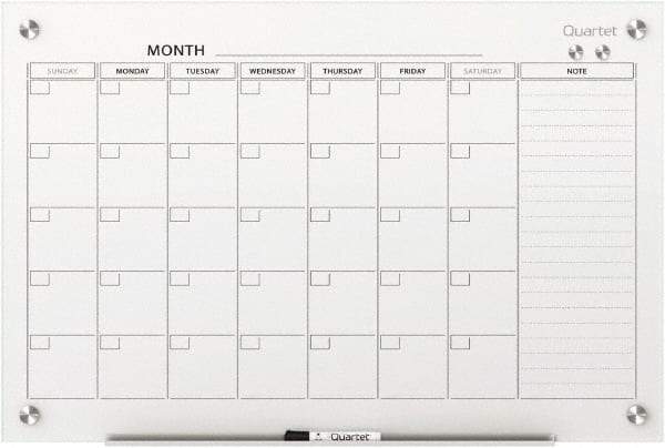Quartet - 36" High x 48" Wide Magnetic Dry Erase Calendar - Glass, Includes Dry-Erase Marker, Magnet & Mounting Kit - USA Tool & Supply