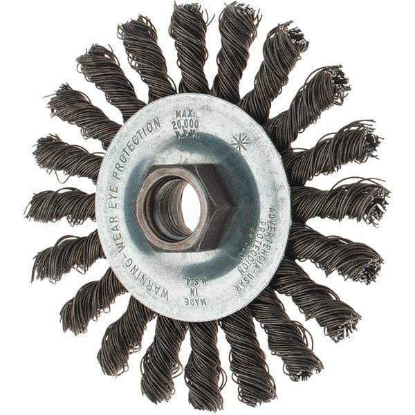 Tru-Maxx - 4" OD, 5/8-11 Arbor Hole, Knotted Steel Wheel Brush - 1/4" Face Width, 7/8" Trim Length, 0.02" Filament Diam, 20,000 RPM - USA Tool & Supply