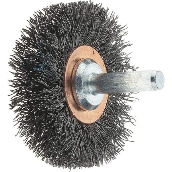 Tru-Maxx - 2" OD, 1/4" Shank Diam, Crimped Steel Wheel Brush - 3/8" Face Width, 1/2" Trim Length, 0.0118" Filament Diam, 20,000 RPM - USA Tool & Supply