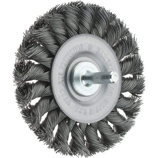 Tru-Maxx - 3-1/4" OD, 1/4" Shank Diam, Knotted Steel Wheel Brush - 3/8" Face Width, 5/8" Trim Length, 0.014" Filament Diam, 25,000 RPM - USA Tool & Supply