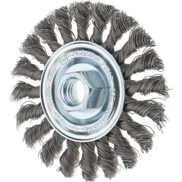 Tru-Maxx - 4" OD, 5/8-11 Arbor Hole, Knotted Steel Wheel Brush - 1/2" Face Width, 7/8" Trim Length, 0.014" Filament Diam, 20,000 RPM - USA Tool & Supply