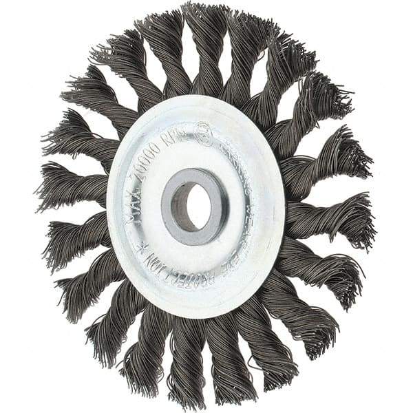 Tru-Maxx - 4" OD, 1/2" Arbor Hole, Knotted Steel Wheel Brush - 5/8" Face Width, 7/8" Trim Length, 0.014" Filament Diam, 20,000 RPM - USA Tool & Supply