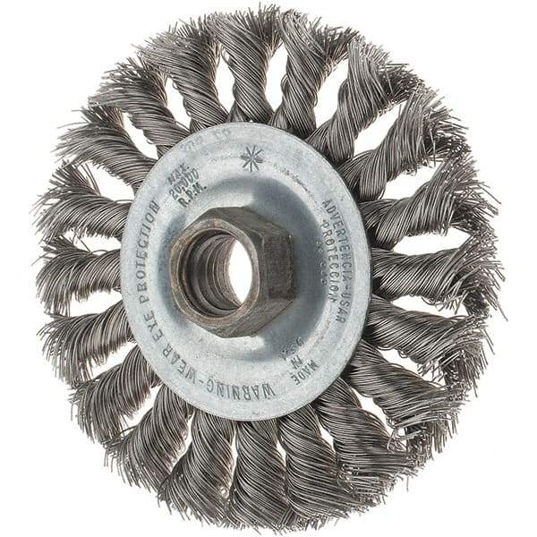 Tru-Maxx - 4" OD, 5/8-11 Arbor Hole, Knotted Stainless Steel Wheel Brush - 1/2" Face Width, 7/8" Trim Length, 0.014" Filament Diam, 20,000 RPM - USA Tool & Supply