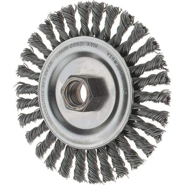 Tru-Maxx - 4-1/2" OD, 5/8-11 Arbor Hole, Stringer Bead Steel Wheel Brush - 3/16" Face Width, 13/16" Trim Length, 0.02" Filament Diam, 12,500 RPM - USA Tool & Supply