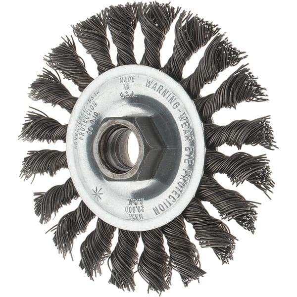 Tru-Maxx - 4" OD, 5/8-11 Arbor Hole, Knotted Steel Wheel Brush - 1/2" Face Width, 7/8" Trim Length, 0.02" Filament Diam, 20,000 RPM - USA Tool & Supply