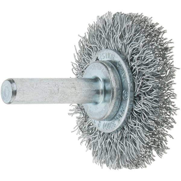 Tru-Maxx - 1-1/2" OD, 1/4" Shank Diam, Crimped Steel Wheel Brush - 1/4" Face Width, 3/8" Trim Length, 0.0118" Filament Diam, 20,000 RPM - USA Tool & Supply
