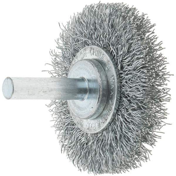 Tru-Maxx - 2" OD, 1/4" Shank Diam, Crimped Steel Wheel Brush - 3/8" Face Width, 7/16" Trim Length, 0.014" Filament Diam, 20,000 RPM - USA Tool & Supply