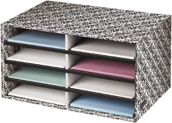 BANKERS BOX - 8 Compartments, 19-1/2" Wide x 10-1/4" High x 12-3/8" Deep, Literature Organizer - Corrugated Cardboard, White/Black - USA Tool & Supply