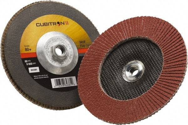 3M - 80 Grit, 7" Disc Diam, 5/8-11 Center Hole, Type 27 Ceramic Flap Disc - 8,500 Max RPM, Polyester Backing, Arbor Attaching System, Coated - USA Tool & Supply