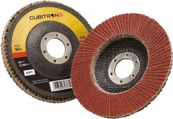 3M - 60 Grit, 4-1/2" Disc Diam, 7/8" Center Hole, Type 27 Ceramic Flap Disc - 13,300 Max RPM, Polyester Backing, Arbor Attaching System, Coated - USA Tool & Supply