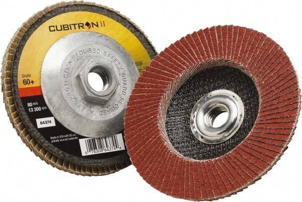 3M - 60 Grit, 4-1/2" Disc Diam, 5/8-11 Center Hole, Type 27 Ceramic Flap Disc - 13,300 Max RPM, Polyester Backing, Arbor Attaching System, Coated - USA Tool & Supply