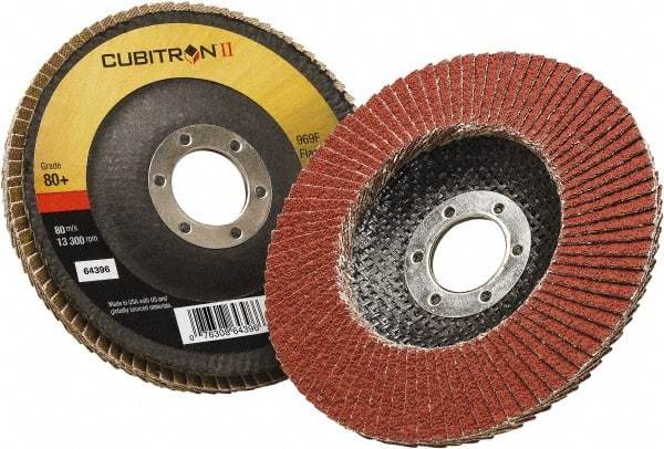 3M - 80 Grit, 5" Disc Diam, 7/8" Center Hole, Type 29 Ceramic Flap Disc - 12,100 Max RPM, Polyester Backing, Arbor Attaching System, Coated - USA Tool & Supply