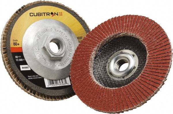 3M - 80 Grit, 4" Disc Diam, 3/8-24 Center Hole, Type 29 Ceramic Flap Disc - 15,000 Max RPM, Polyester Backing, Arbor Attaching System, Coated - USA Tool & Supply