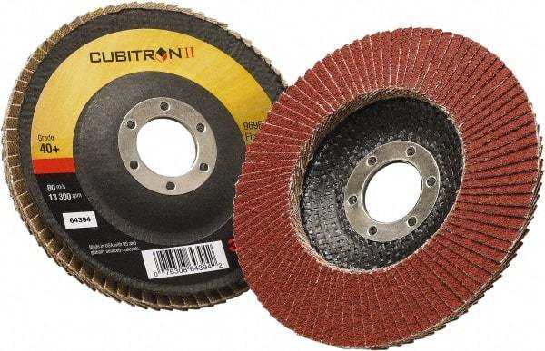 3M - 40 Grit, 4-1/2" Disc Diam, 7/8" Center Hole, Type 29 Ceramic Flap Disc - 13,300 Max RPM, Polyester Backing, Arbor Attaching System, Coated - USA Tool & Supply