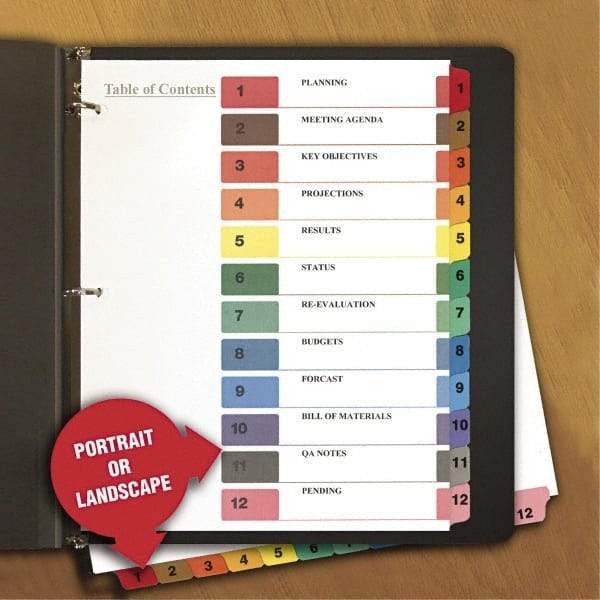 Universal One - 11 x 8 1/2" 8 Tabs, 3-Hole Punched, Tab Divider - Multicolor Tabs, White Folder - USA Tool & Supply
