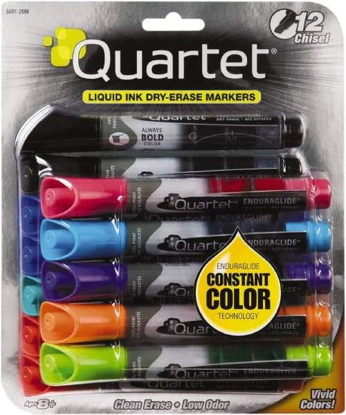 Quartet - Assorted Colors, Chisel Tip, 12 Set EnduraGlide Dry Erase Markers - For Use with Dry Erase Marker Boards - USA Tool & Supply