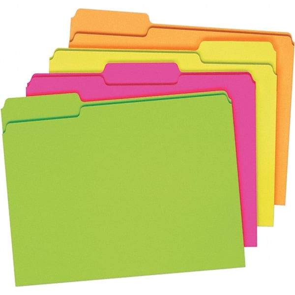 Pendaflex - 9-1/2 x 11-5/8", Letter Size, Assorted Glow, File Folders with Top Tab - 11 Point Stock, Assorted Tab Cut Location - USA Tool & Supply