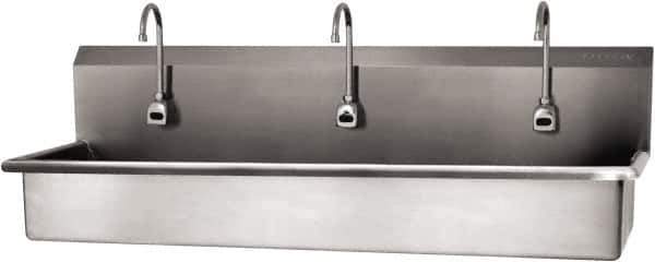 SANI-LAV - 57" Long x 16-1/2" Wide Inside, 1 Compartment, Grade 304 Stainless Steel (3) Person Wash-Station with Electronic Faucet - 16 Gauge, 60" Long x 20" Wide x 18" High Outside, 8" Deep - USA Tool & Supply