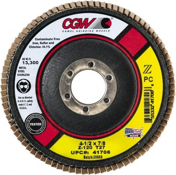 Camel Grinding Wheels - 60 Grit, 4-1/2" Disc Diam, 7/8" Center Hole, Type 29 Zirconia Alumina Flap Disc - 13,300 Max RPM, Poly Cotton Backing, Arbor Attaching System, Coated - USA Tool & Supply