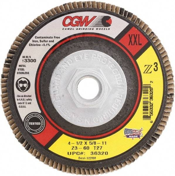 Camel Grinding Wheels - 40 Grit, 4-1/2" Disc Diam, 7/8" Center Hole, Type 29 Zirconia Alumina Flap Disc - 13,300 Max RPM, Poly Cotton Backing, Arbor Attaching System, Coated - USA Tool & Supply