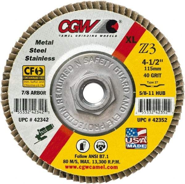 Camel Grinding Wheels - 36 Grit, 5" Disc Diam, 5/8-11 Center Hole, Type 29 Zirconia Alumina Flap Disc - 12,200 Max RPM, Poly Cotton Backing, Arbor Attaching System, Coated - USA Tool & Supply