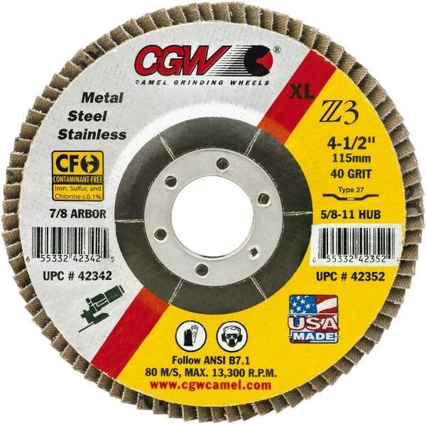 Camel Grinding Wheels - 60 Grit, 4" Disc Diam, 5/8" Center Hole, Type 29 Zirconia Alumina Flap Disc - 15,300 Max RPM, Poly Cotton Backing, Arbor Attaching System, Coated - USA Tool & Supply