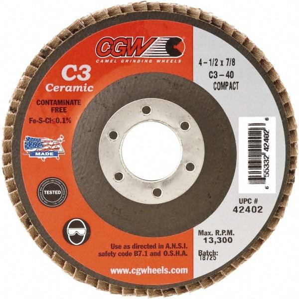 Camel Grinding Wheels - 36 Grit, 7" Disc Diam, 7/8" Center Hole, Type 29 Ceramic Flap Disc - 8,600 Max RPM, Polyester Backing, Arbor Attaching System, Coated - USA Tool & Supply