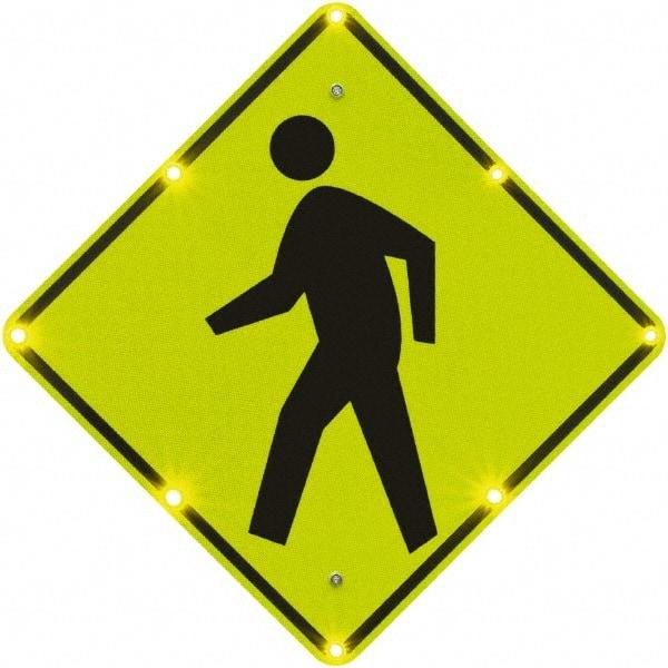 TAPCO - "Pedestrian Crossing", 36" Wide x 36" High, Aluminum Pedestrian Crossing Signs - 0.08" Thick, Fluorescent Yellow, Green, Black, Diamond Grade Reflectivity, Diamond, Post Mount - USA Tool & Supply