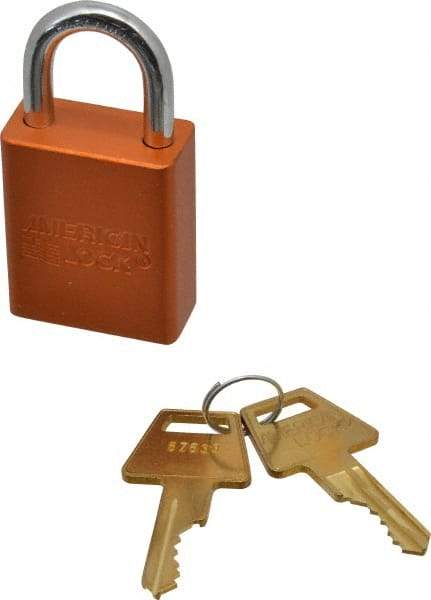 American Lock - Keyed Different Conductive Lockout Padlock - 1" Shackle Clearance, 1/4" Shackle Diam, 1.8" Body Height x 1-1/2" Body Width, Orange, 5 Pins - USA Tool & Supply