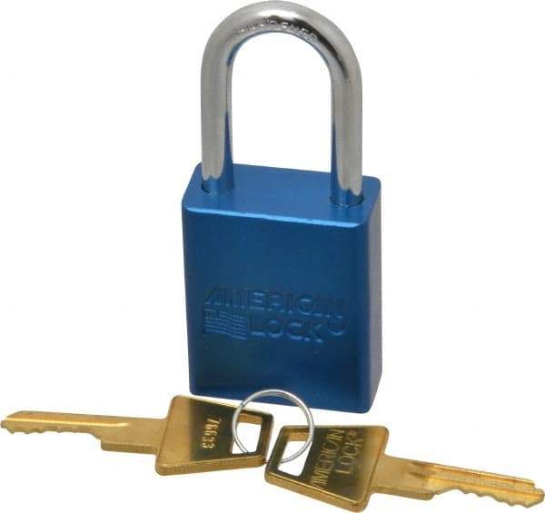 American Lock - Keyed Different Conductive Lockout Padlock - 1-1/2" Shackle Clearance, 1/4" Shackle Diam, 1.8" Body Height x 1-1/2" Body Width, Blue, 5 Pins - USA Tool & Supply