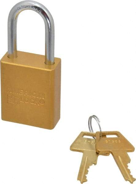 American Lock - Keyed Different Conductive Lockout Padlock - 1-1/2" Shackle Clearance, 1/4" Shackle Diam, 1.8" Body Height x 1-1/2" Body Width, Yellow, 5 Pins - USA Tool & Supply