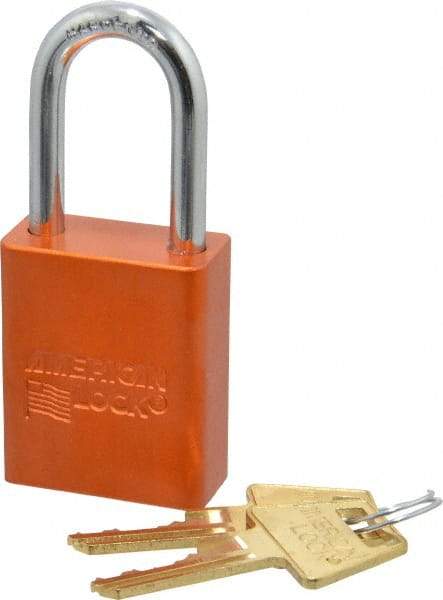 American Lock - Keyed Different Conductive Lockout Padlock - 1-1/2" Shackle Clearance, 1/4" Shackle Diam, 1.8" Body Height x 1-1/2" Body Width, Orange, 5 Pins - USA Tool & Supply