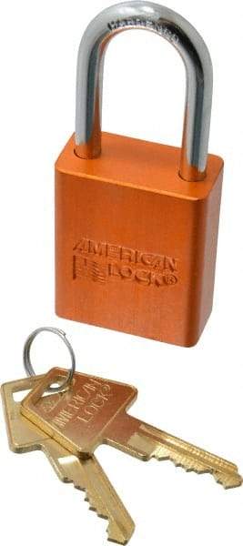 American Lock - Keyed Alike Conductive Lockout Padlock - 1-1/2" Shackle Clearance, 1/4" Shackle Diam, 1.8" Body Height x 1-1/2" Body Width, Orange, 5 Pins - USA Tool & Supply