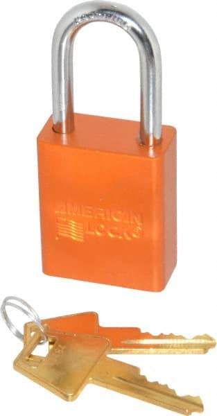 American Lock - Keyed Alike Conductive Lockout Padlock - 1-1/2" Shackle Clearance, 1/4" Shackle Diam, 1.8" Body Height x 1-1/2" Body Width, Orange, 5 Pins - USA Tool & Supply