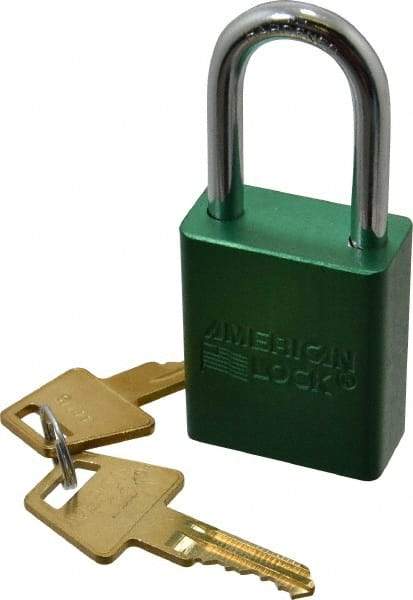 American Lock - Keyed Different Conductive Lockout Padlock - 1-1/2" Shackle Clearance, 1/4" Shackle Diam, 1.8" Body Height x 1-1/2" Body Width, Green, 5 Pins - USA Tool & Supply